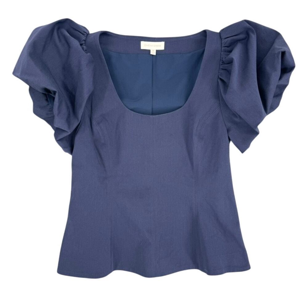 Jonathan Simkhai Puff Sleeve Top Navy Blue Scoop Neck Side Zip Medium